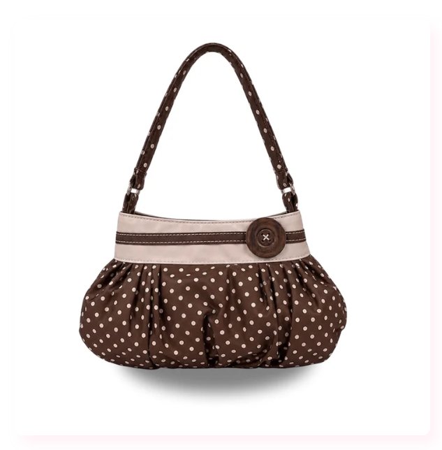 The product photo the ad was made from: a polka-dot shoulder bag
